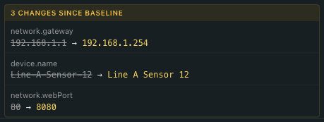 Configuration Status section close-up: 'CONFIGURATION STATUS — 3 changes' header, with rows showing Last seen '1d ago' and Baseline Config recorded '24d ago'