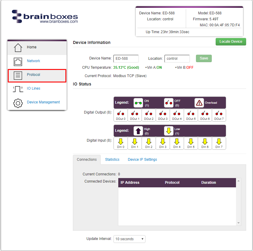 ED-588 Web page ED-588 web UI home page showing IO status, digital outputs and inputs, with Protocol tab highlighted in sidebar