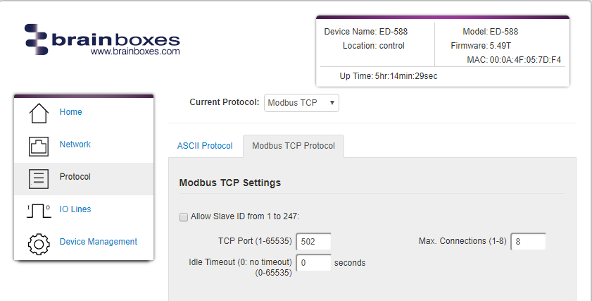 ED-588 Protocol page ED-588 Protocol page with Modbus TCP selected, TCP port 502, and max 8 connections