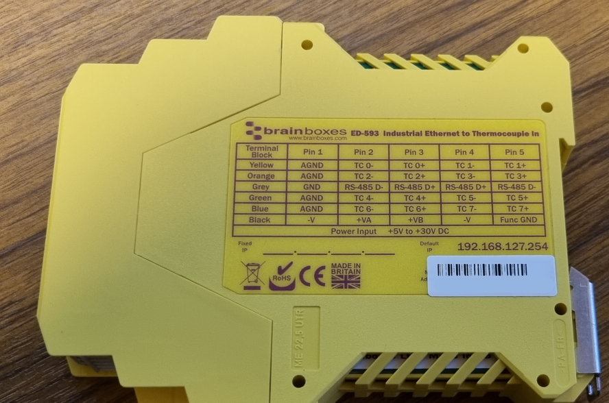 ED-593 device top view showing colour-coded terminal blocks and labelled pinout connections for thermocouple inputs