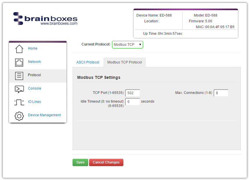 Modbus TCP Web Configuration Page