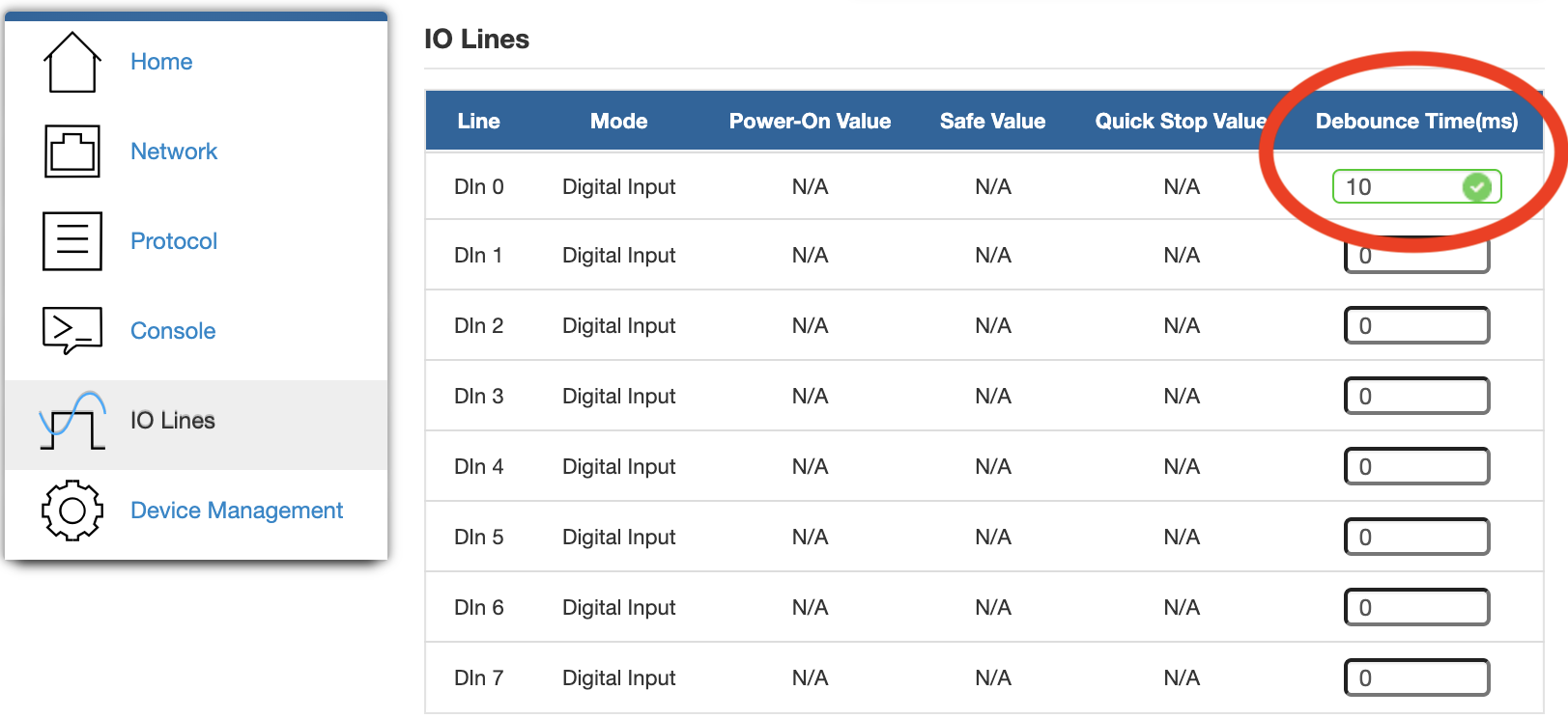 Brainboxes ED device web interface IO Lines page showing digital inputs DIn 0-7 with Debounce Time column highlighted, DIn 0 set to 10ms