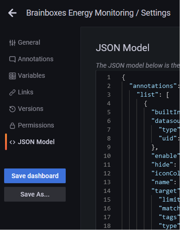 Grafana Energy Monitoring dashboard settings page with JSON Model tab selected showing dashboard JSON