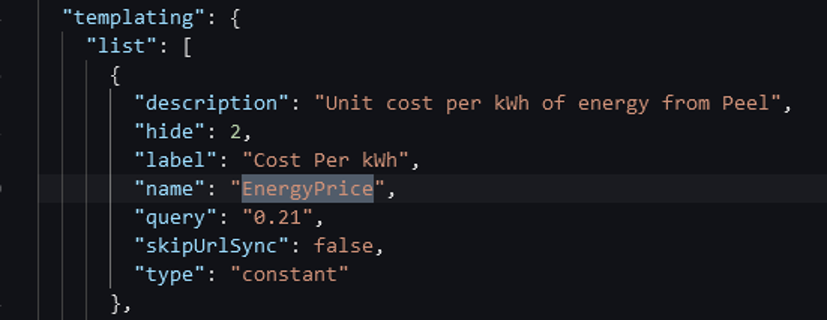 Grafana JSON Model showing EnergyPrice variable with query value 0.21 and label Cost Per kWh