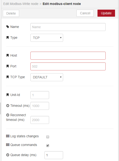 Edit Modbus client node Modbus client node settings with TCP type, Host IP, Port 502, Unit-Id, and timeout configuration