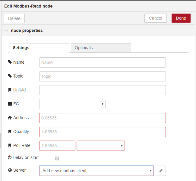 Edit Modbus Read node Modbus Read node settings with Name, FC, Address, Quantity, Poll Rate, and Server fields