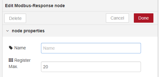 Edit Modbus Response Node Modbus Response node settings with Name field and Register Max set to 20