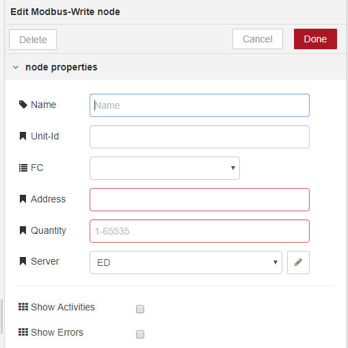 Edit Modbus Write node Modbus Write node settings showing Name, Unit-Id, FC, Address, Quantity, and Server fields