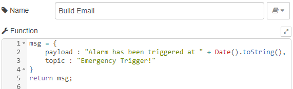 Build Email function node code setting payload to alarm message and topic to Emergency Trigger
