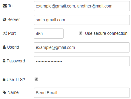 Email node config with Gmail SMTP server, port 465, TLS enabled, named Send Email