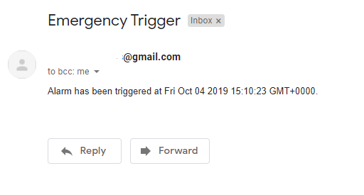 Gmail inbox showing Emergency Trigger email from Python with alarm triggered timestamp message