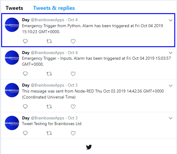 Twitter feed showing multiple Brainboxes tweets including Emergency Trigger from Python with alarm timestamp