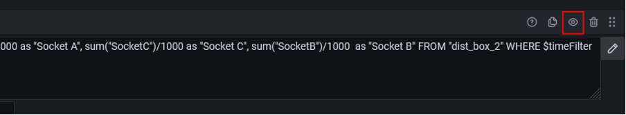 Grafana query editor showing InfluxDB query with eye icon toggle button highlighted to enable or disable the query