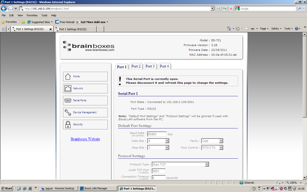 ES Industrial Web Remote Port Connected