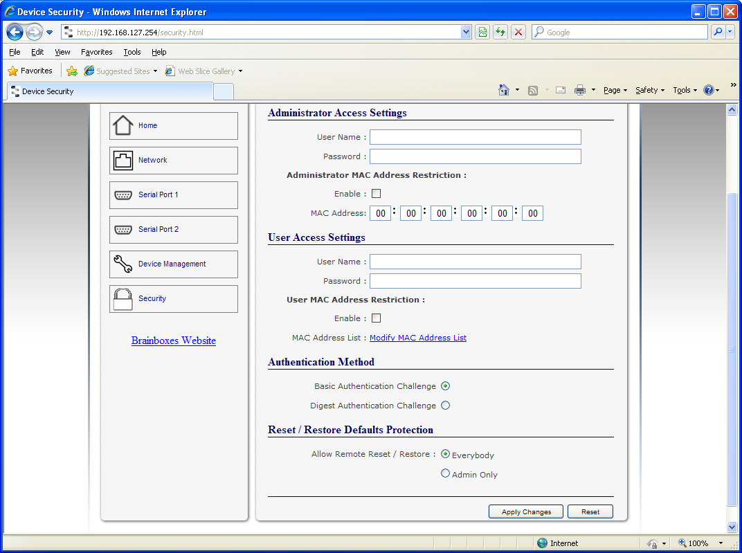 ES Industrial Web Security Settings Page