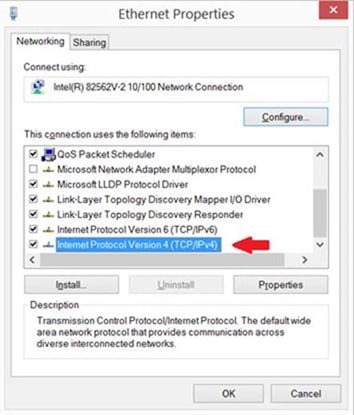 Windows Ethernet Properties dialog with red arrow pointing to Internet Protocol Version 4 TCP/IPv4 in the connection items list