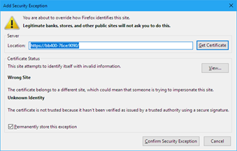 Firefox Add Security Exception dialog with Confirm Security Exception button for BB-400