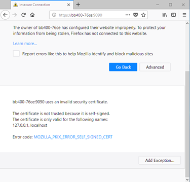 Firefox Advanced section expanded showing self-signed certificate error and Add Exception button