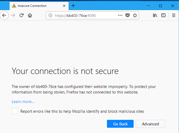 Firefox Insecure Connection warning page for BB-400 with Go Back and Advanced buttons