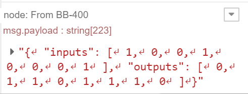 FRED debug output showing BB-400 IO status with inputs and outputs arrays received from the device