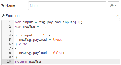Function node code checking inputs[0] and returning true if high, false if low