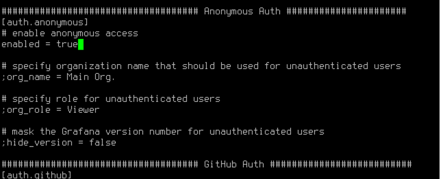 Grafana configuration file showing auth.anonymous section with enabled set to true for anonymous viewing