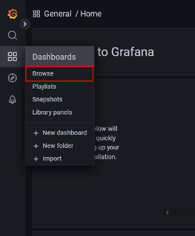 Grafana sidebar Dashboards menu with Browse option highlighted
