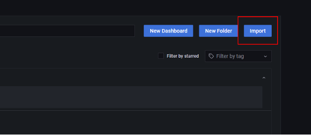 Grafana dashboard management toolbar with Import button highlighted
