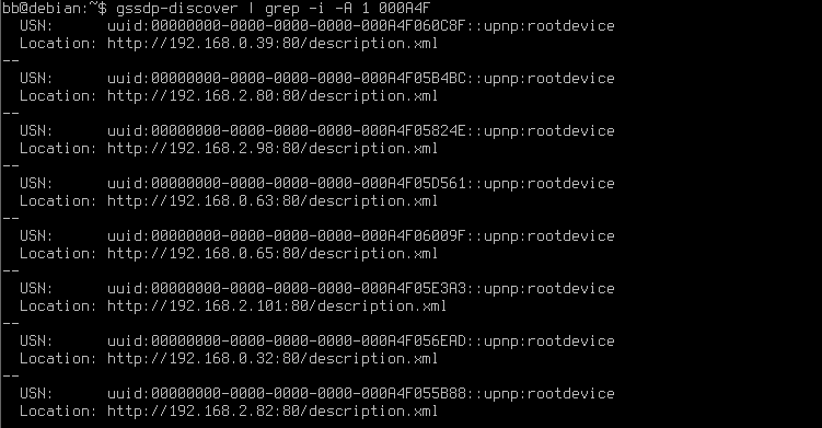Linux terminal running gssdp-discover showing discovered Brainboxes devices with UPnP UUIDs and IP addresses