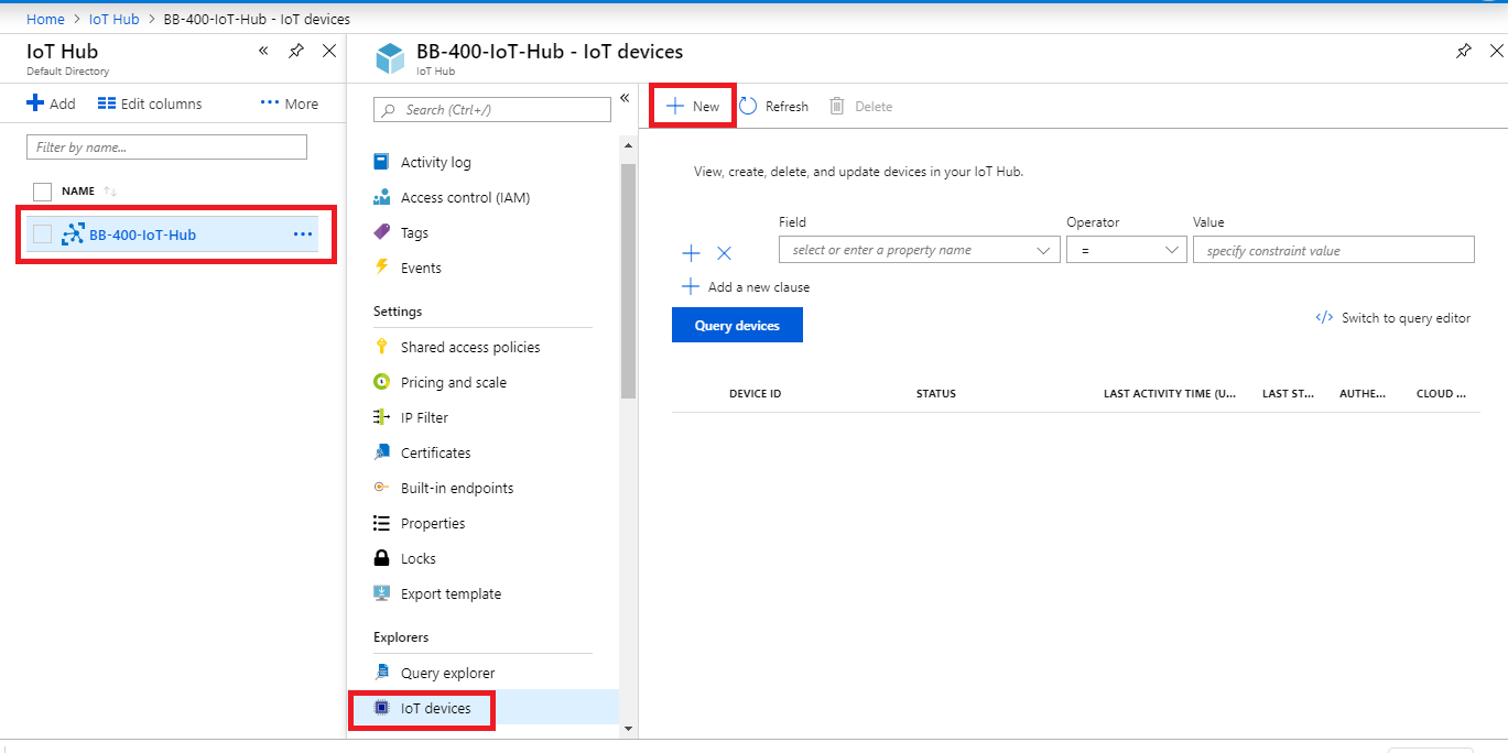 Azure IoT Hub IoT devices page with BB-400-IoT-Hub selected and New button highlighted to add a device