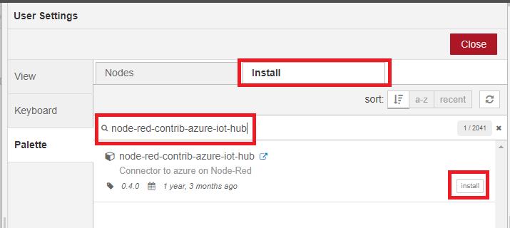 Node-RED Palette Install tab with node-red-contrib-azure-iot-hub search result and install button