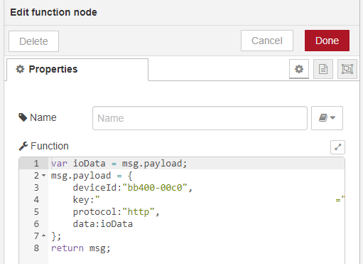 Node-RED function node code setting Azure credentials with deviceId, key, protocol, and IO data payload