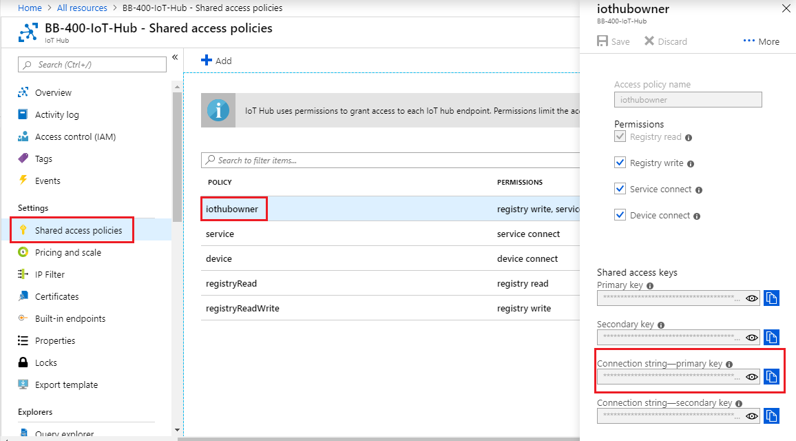 Azure IoT Hub shared access policies page with iothubowner selected, showing connection string and primary key