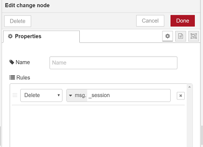 Node-RED change node configuration with rule to delete msg._session property