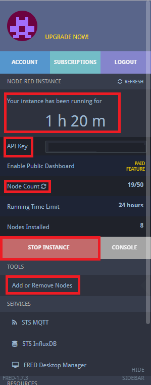 FRED Short sidebar with highlighted features: running timer, API key, node count 19/50, and Add or Remove Nodes