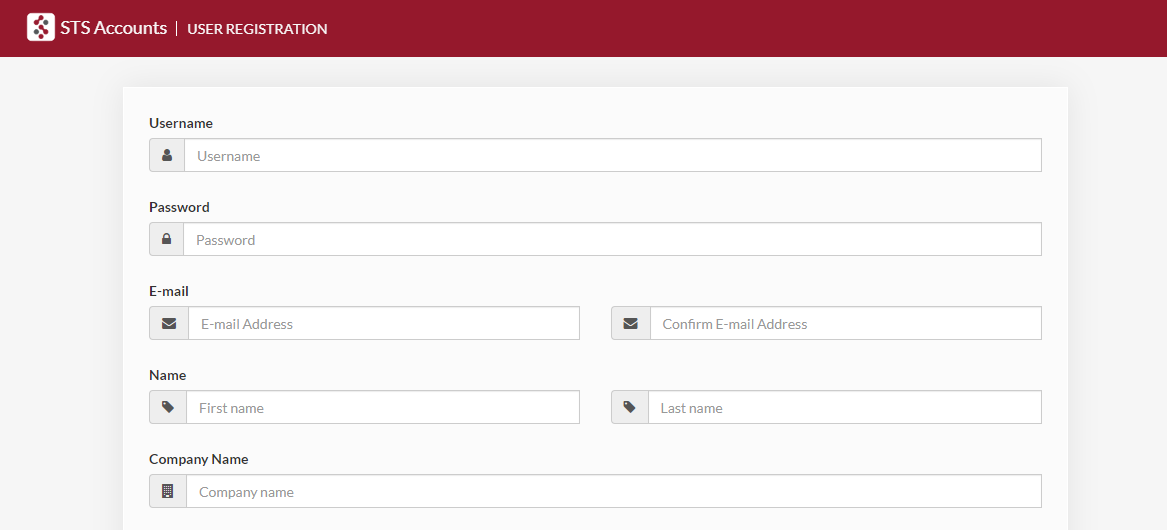 Sense Tecnic STS Accounts user registration form with fields for username, password, email, name, and company