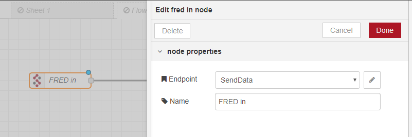 FRED input node configuration on FRED with SendData endpoint, shown alongside the node on the canvas