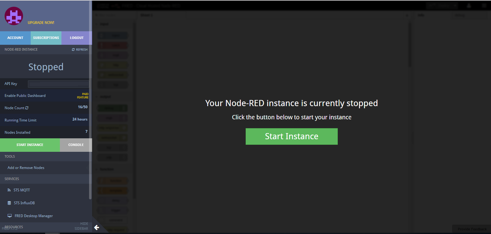 FRED dashboard with stopped Node-RED instance, showing API key, node count 16/50, and Start Instance button