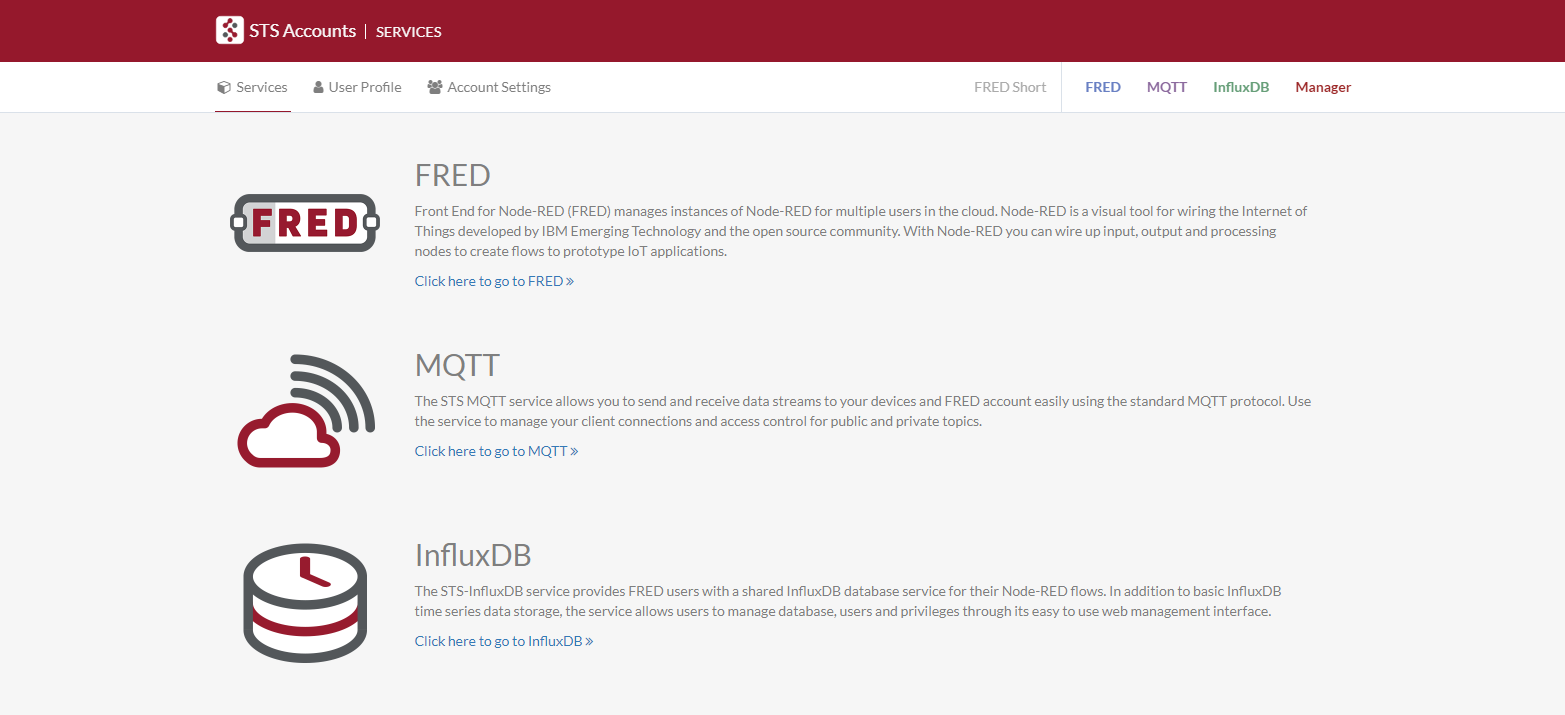 Sense Tecnic services dashboard showing FRED, MQTT, and InfluxDB options with descriptions