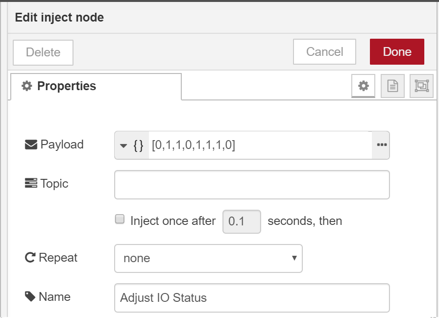 Node-RED inject node configured with JSON payload [0,1,1,0,1,1,1,0] to adjust BB-400 IO status