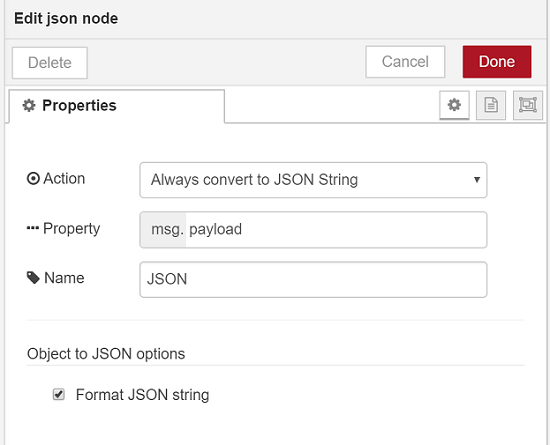 Node-RED JSON node configuration with Action set to Always convert to JSON String on msg.payload