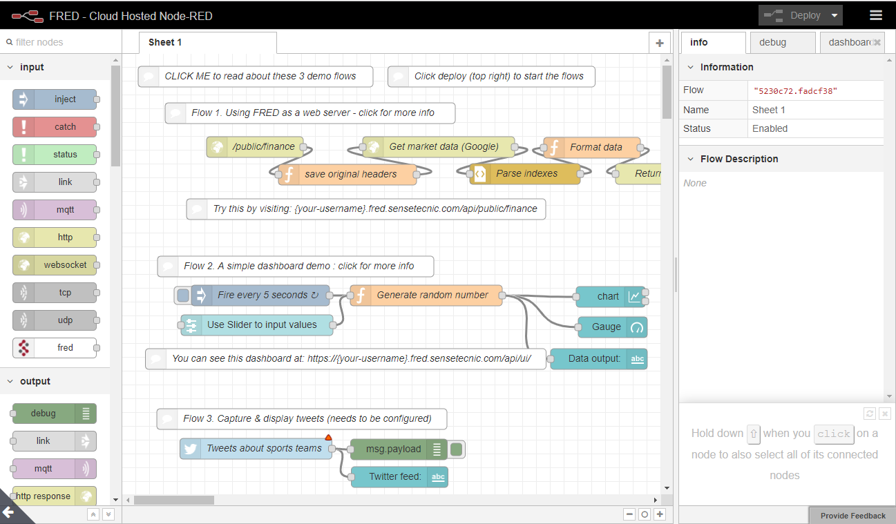 FRED Cloud Hosted Node-RED editor with three default demo flows: web server, dashboard, and Twitter capture