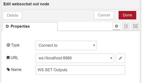 Node-RED WebSocket output node config: Type set to Connect to, URL ws://localhost:8989, named WS SET Outputs