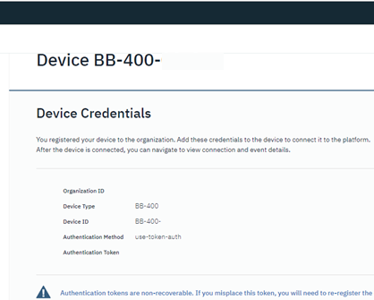 BB-400 device credentials page showing Organization ID, Device Type, Device ID, Authentication Method, and Authentication Token