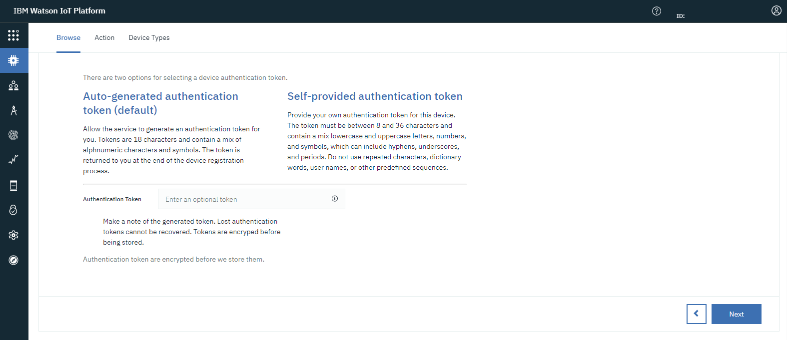 Add Device Security tab showing auto-generated and self-provided authentication token options with a token input field