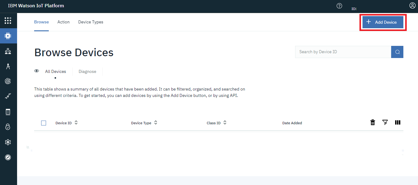 IBM Watson IoT Platform Browse Devices page with the Add Device button highlighted in the top right corner