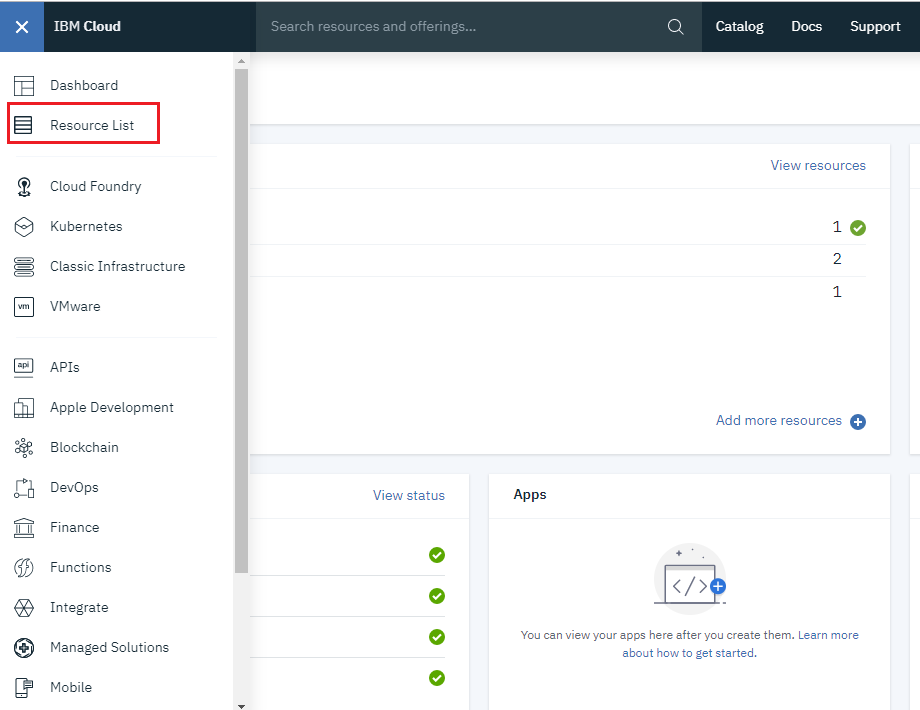 IBM Cloud navigation menu with Resource List highlighted, showing Cloud Foundry Apps and other resource categories