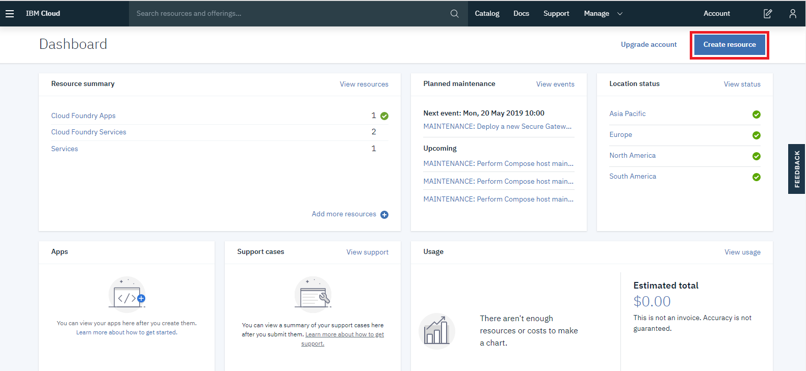 IBM Cloud dashboard showing resource summary, planned maintenance, and the Create resource button highlighted in the top right