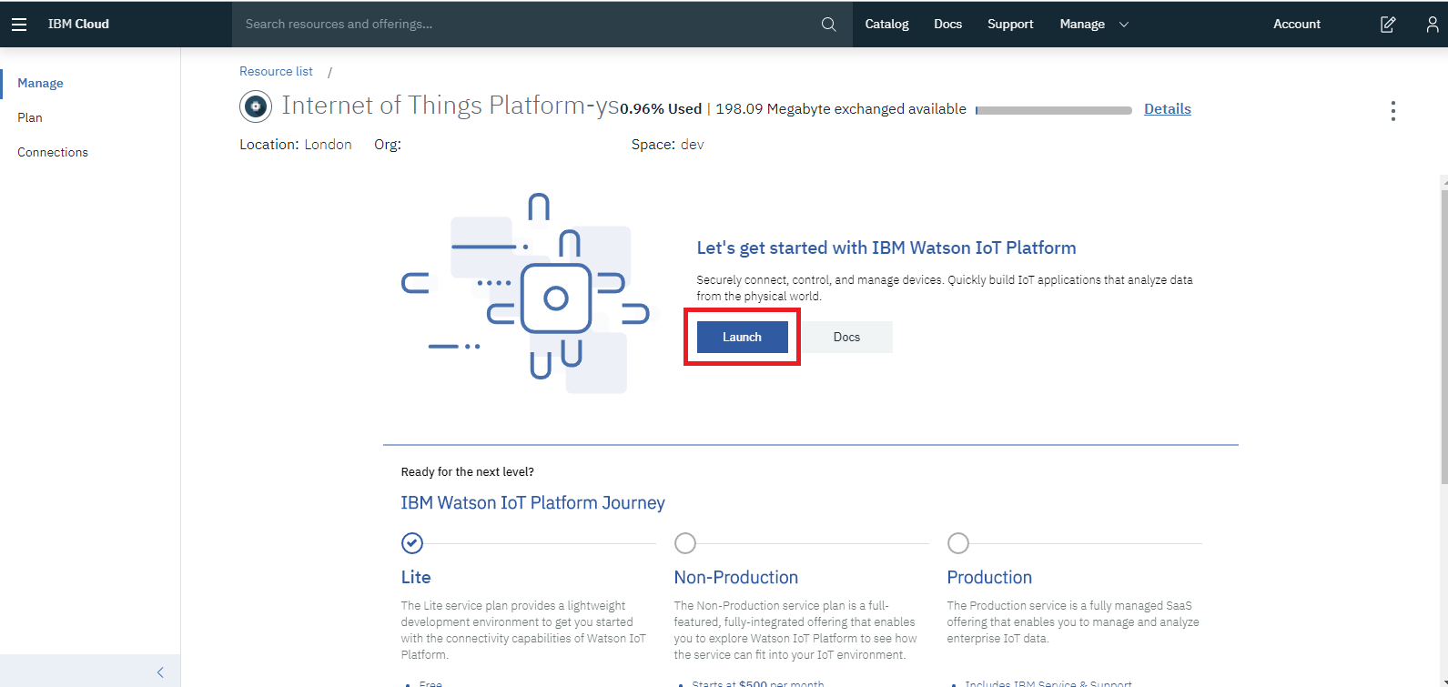 IBM Watson IoT Platform resource page with the Launch button highlighted, showing Lite plan tier options