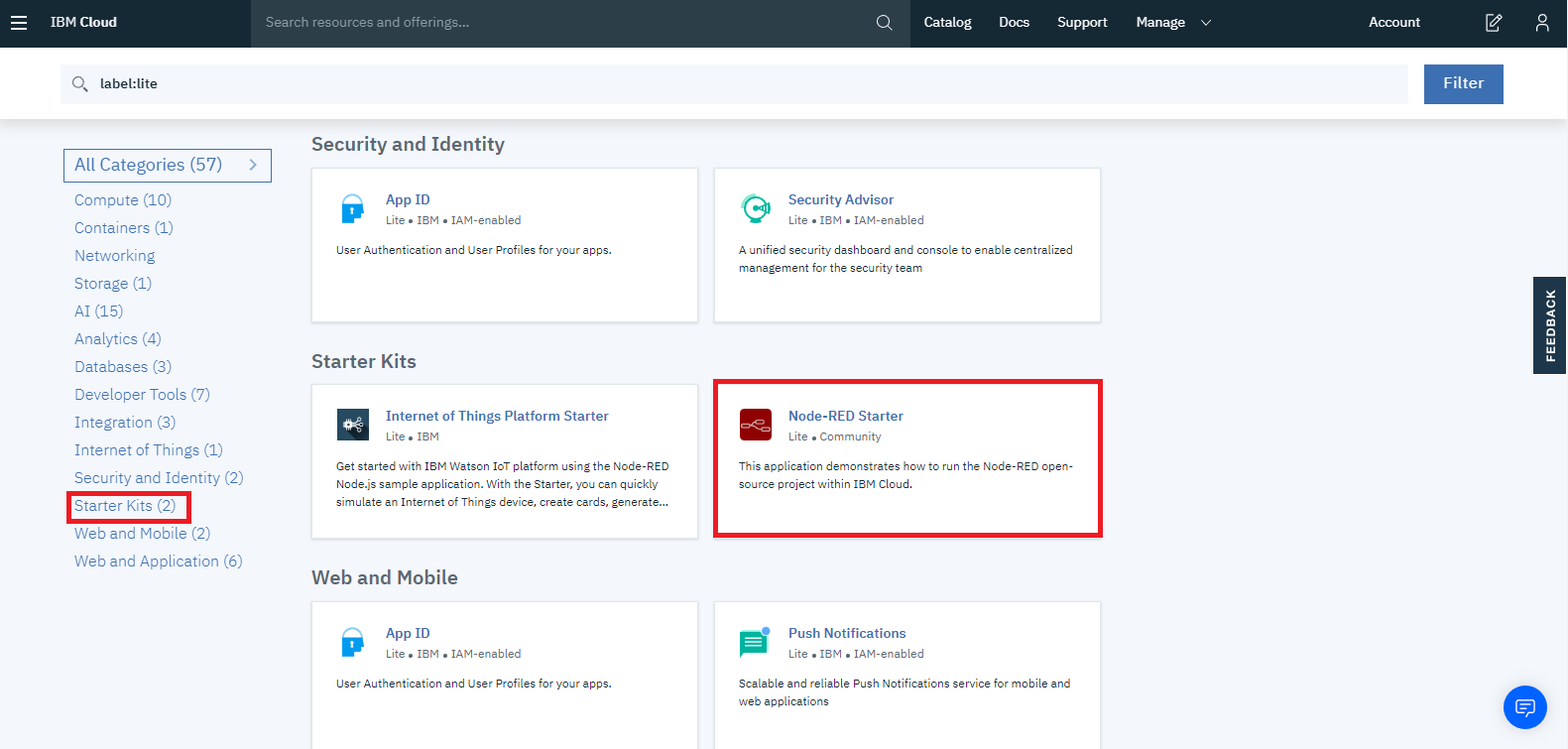 IBM Cloud catalog Starter Kits section with the Node-RED Starter application highlighted in a red box